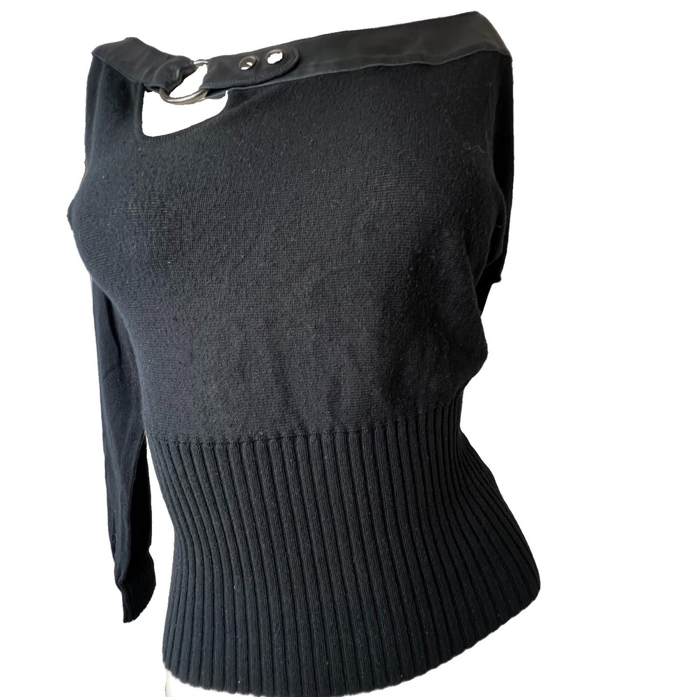 Guess Collection  Black  Leather Trim  Silk Cashmere Crop Rib Sweater  XS